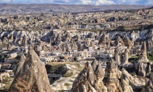 Unusual rock formations in Cappadocia in Turkey